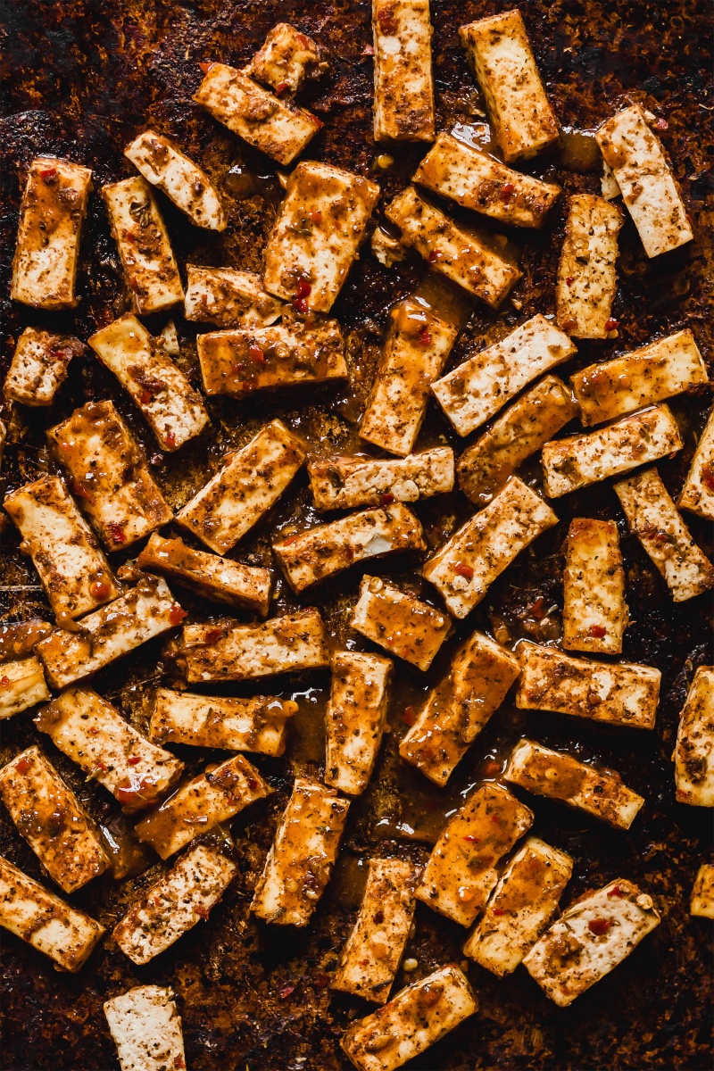 a sheet tray of roasted jerk tofu