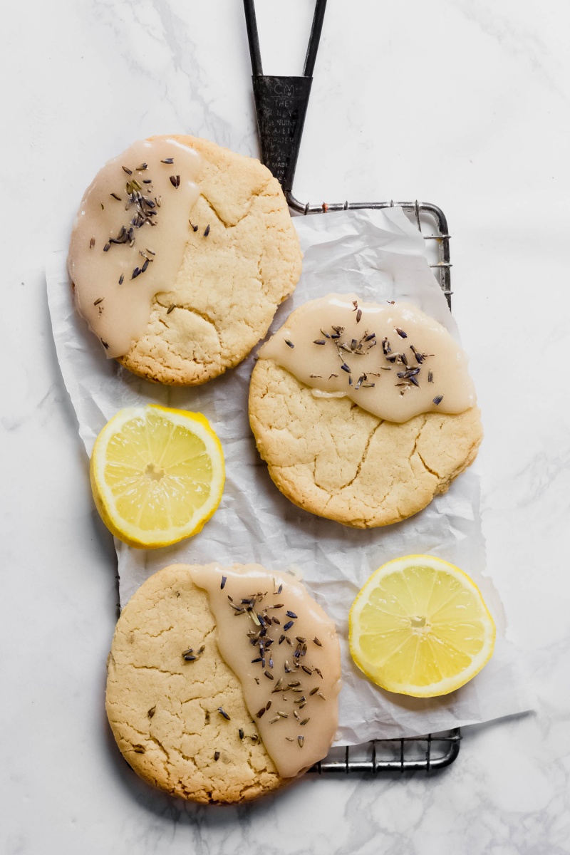 lemon lavender cookies served on a metal tray
