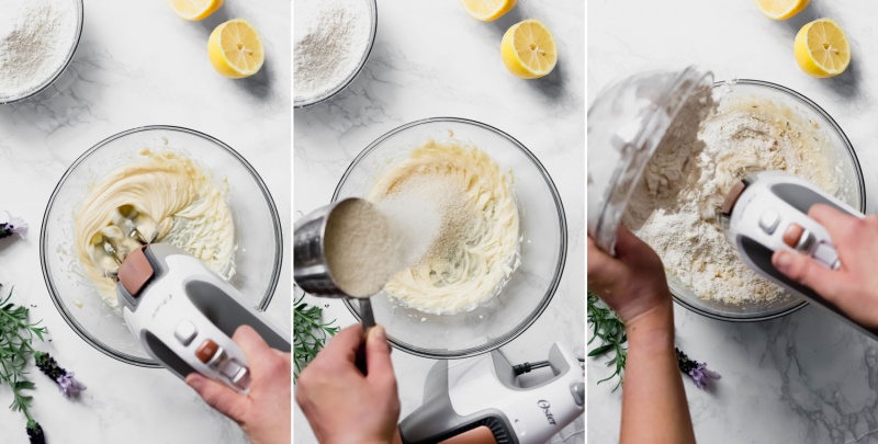 vegan lavender lemon cookie dough being mixed with a hand mixer