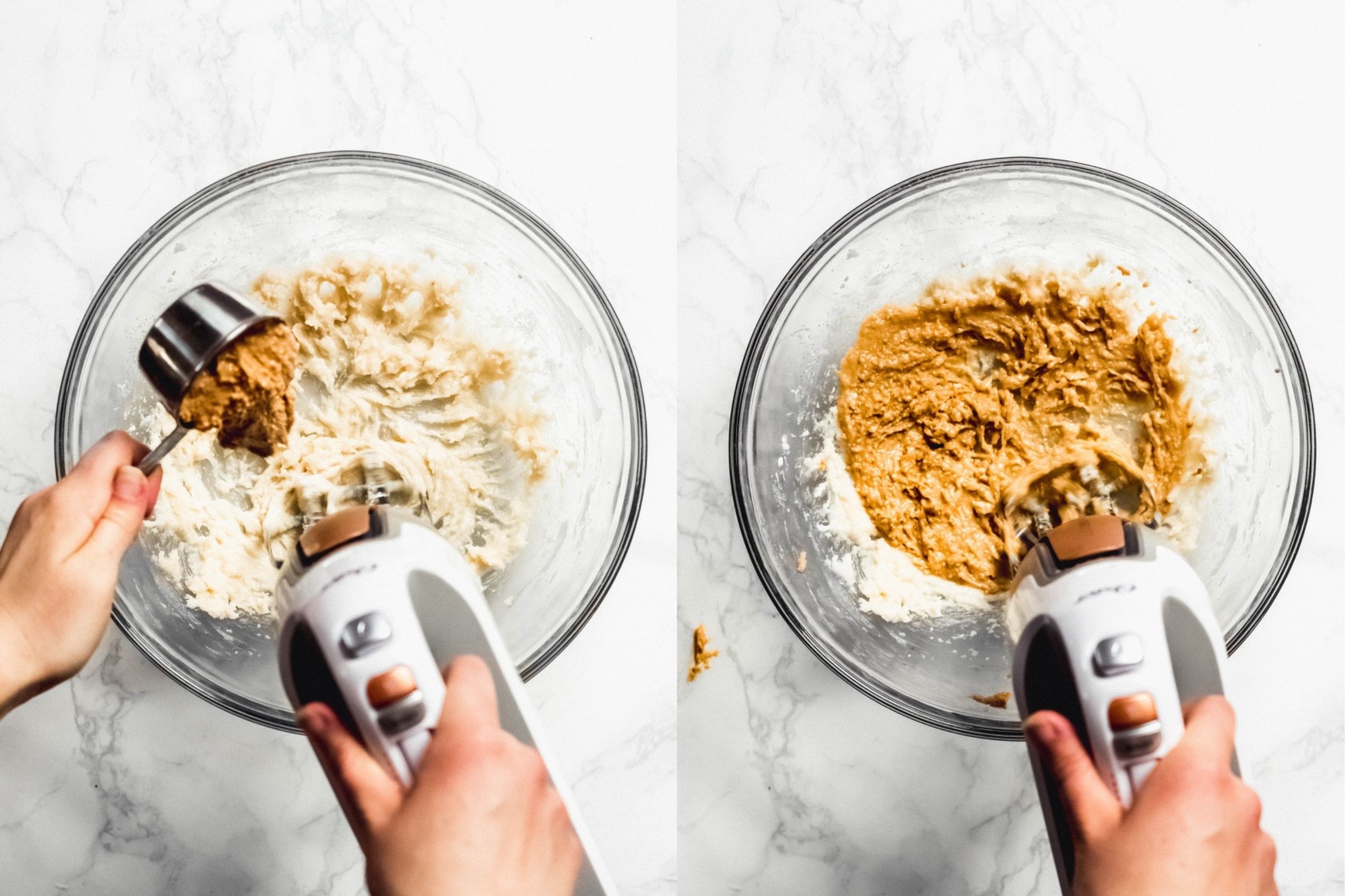 a bowl of cookie dough being mixed with an electric beater
