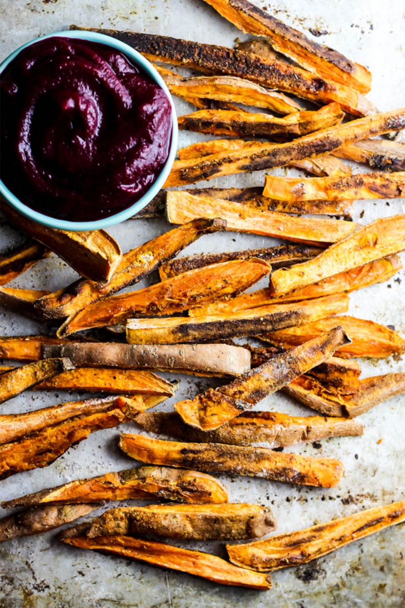 Crispy Sweet Potato Fries with Beet Ketchup