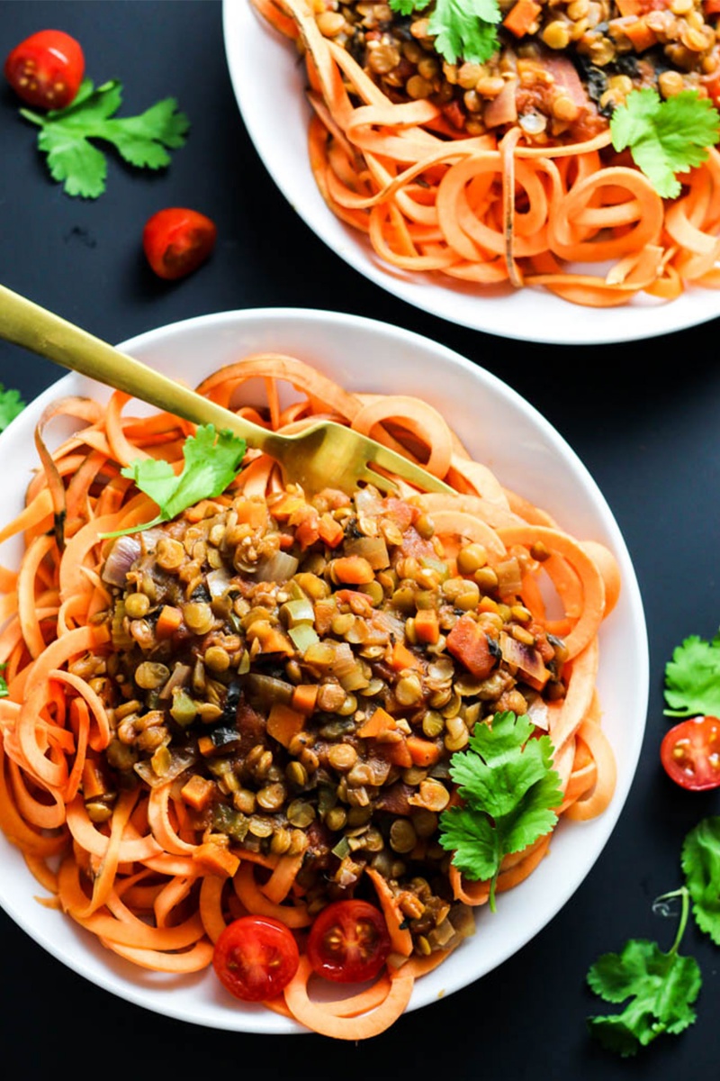 Sweet Potato Spaghetti with Chunky Lentil Sauce