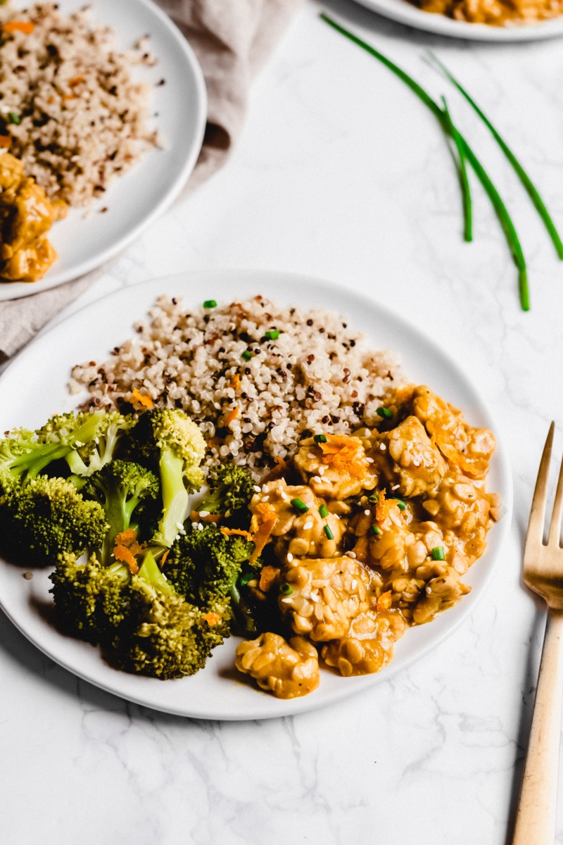 A close up shot of tempeh cooked in orange stir fry sauce and served with broccoli and quinoa