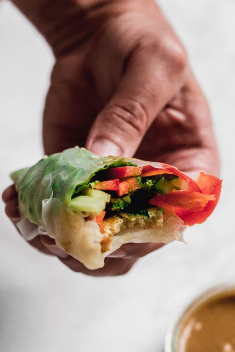 hand holding tofu spring roll with vegetables