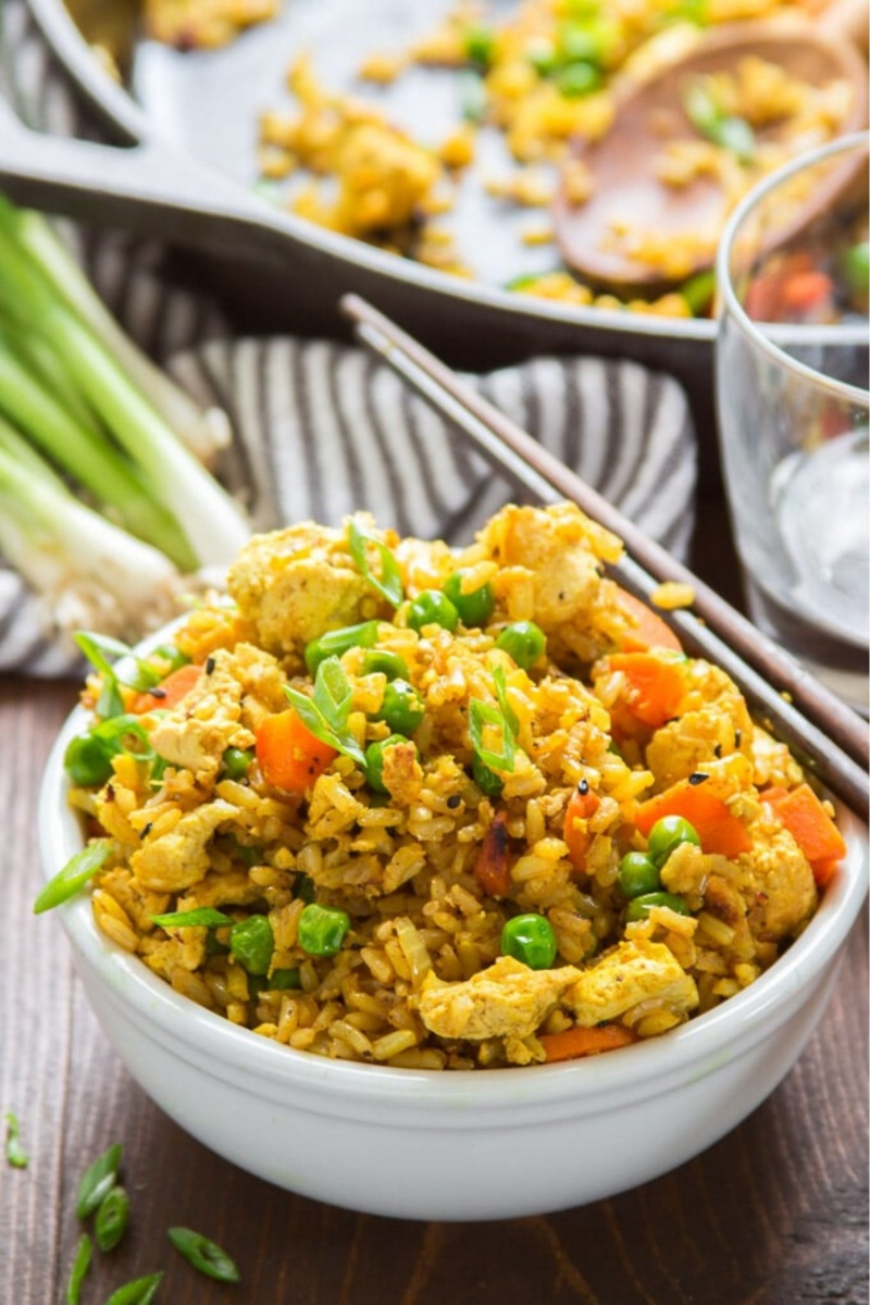 curry fried rice with chopsticks and tofu 