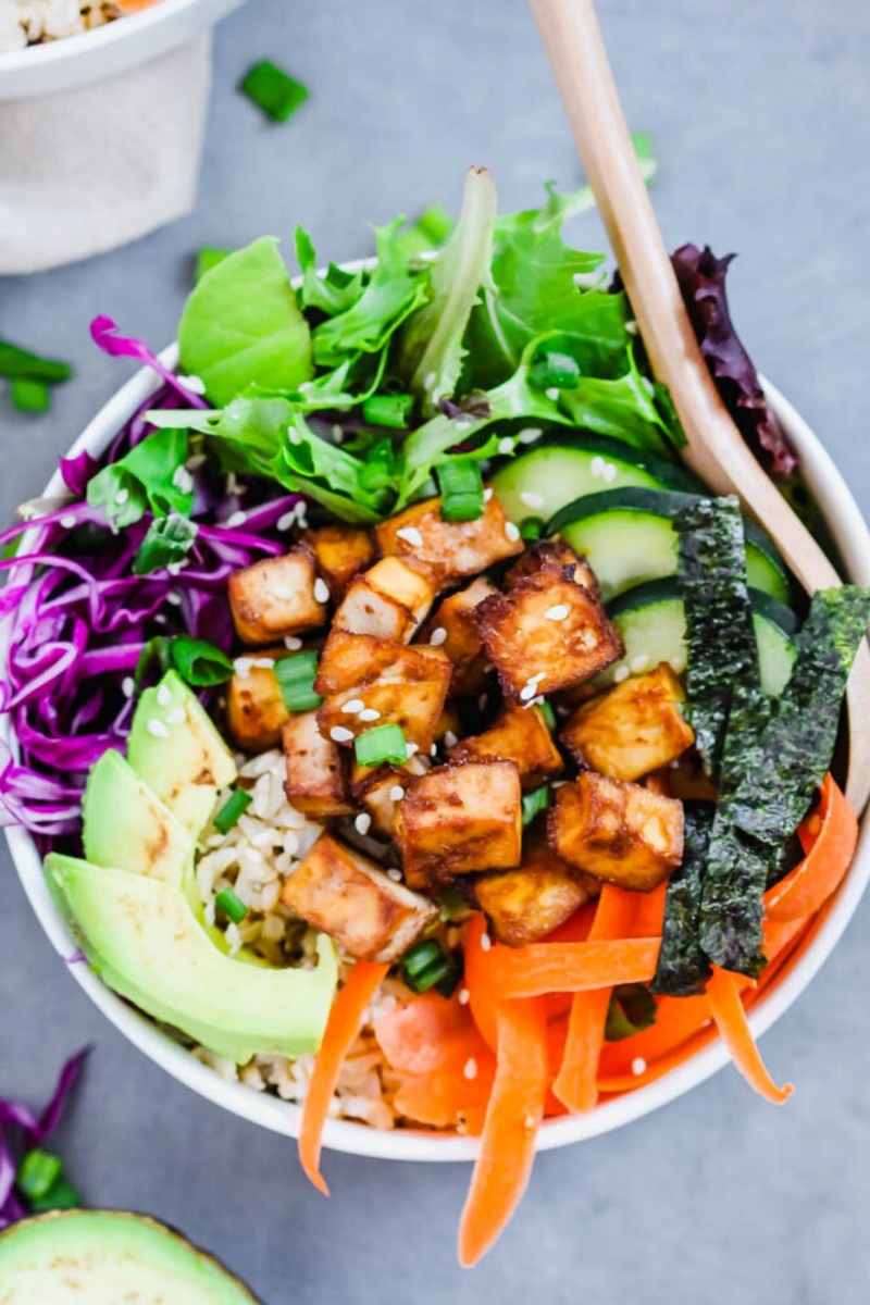 bowl with fresh vegetables and tofu