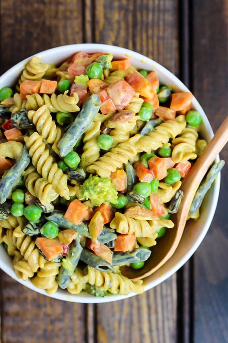 curried vegan pasta salad with vegetables