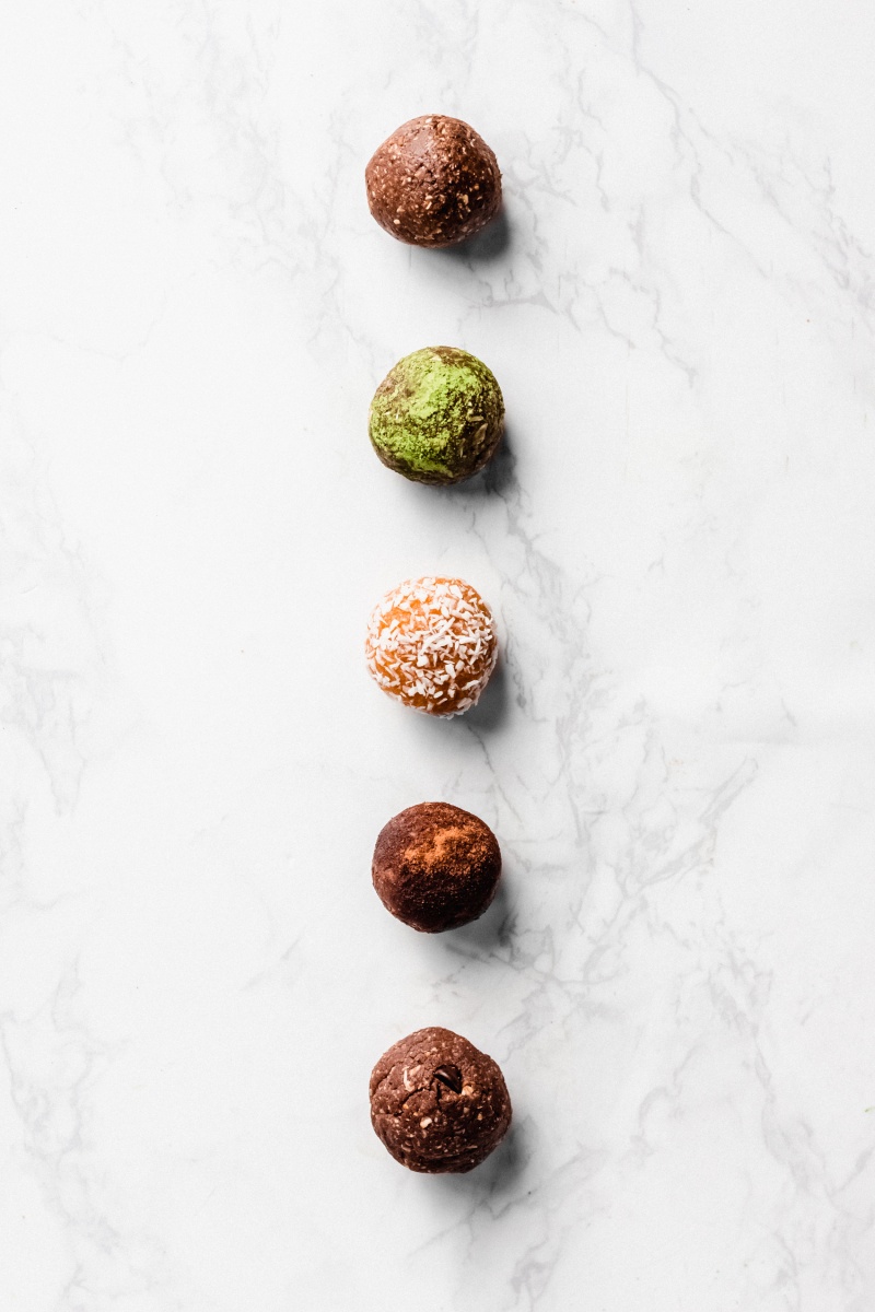 line of energy balls on a white board