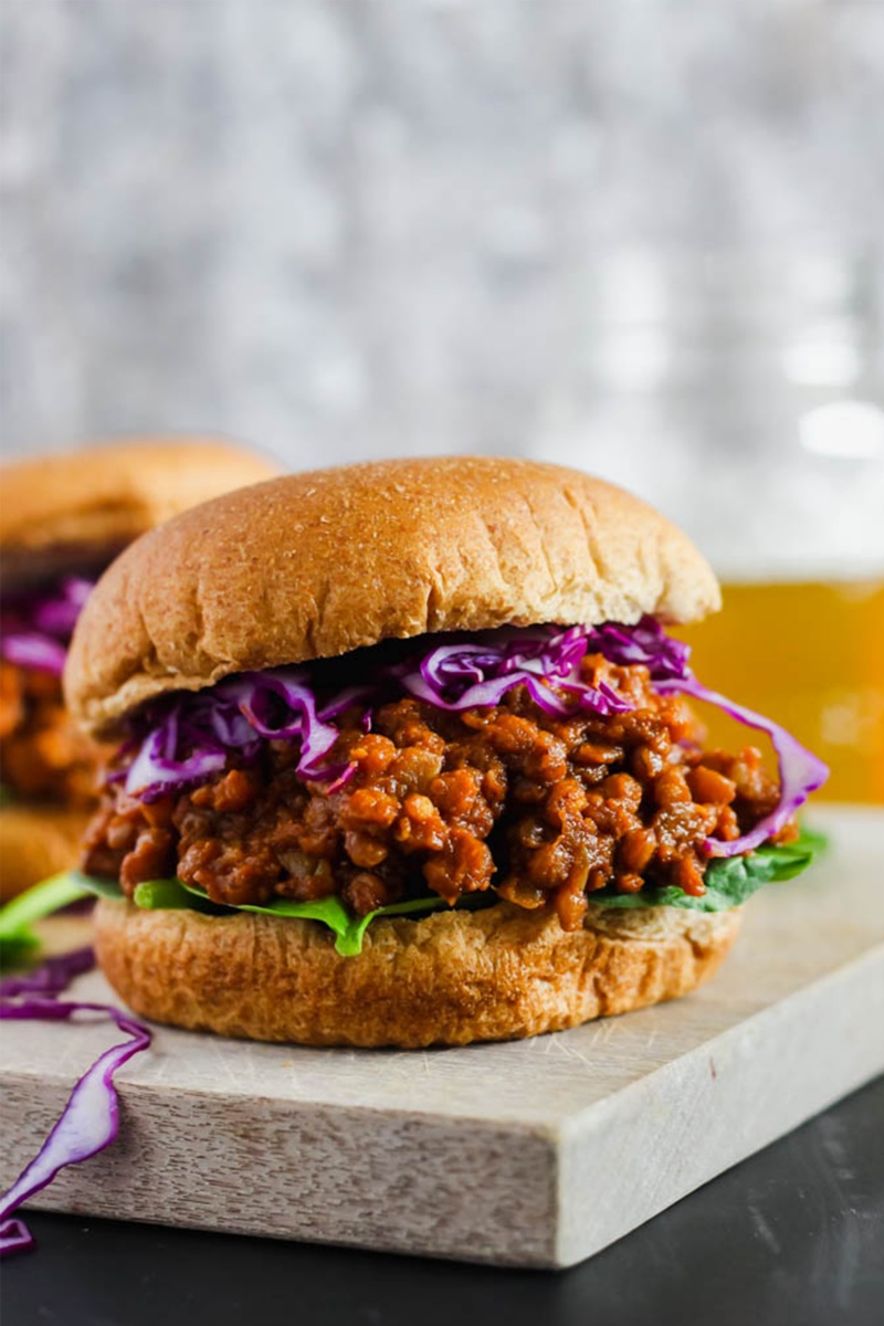 bun with purple cabbage and brown lentil sloppy joe for a pantry meal