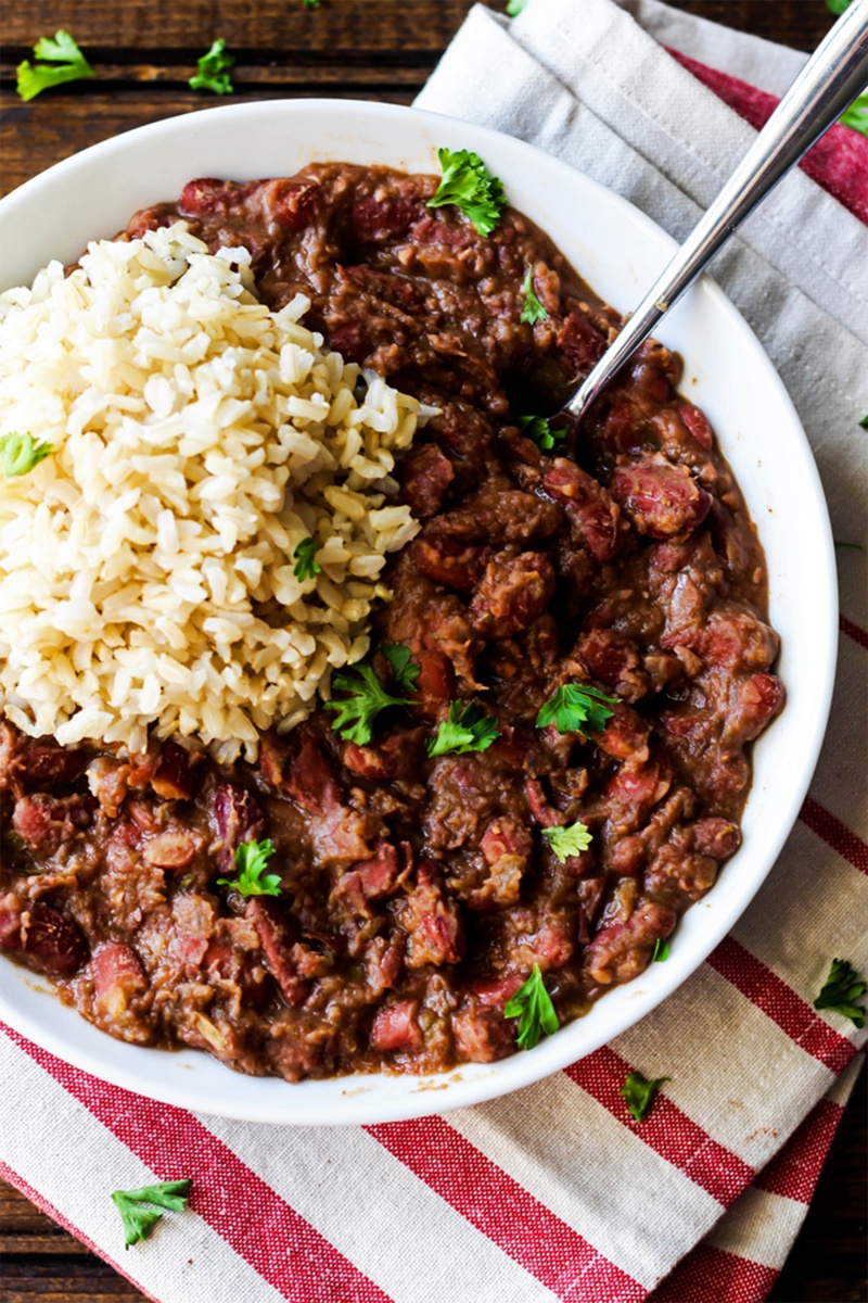 vegan pantry meal with a white bowl of red beans and brown rice