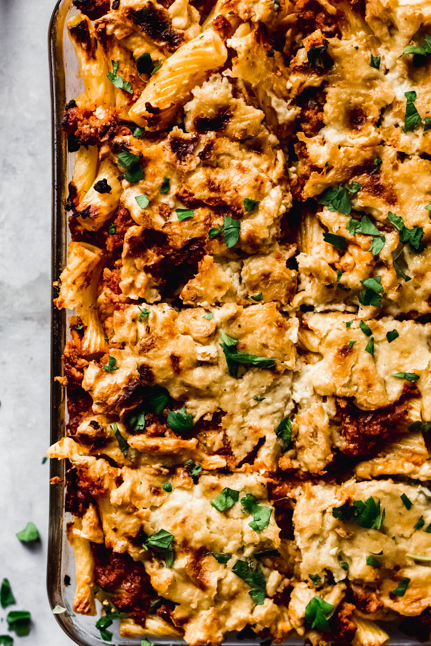 a close up of a batch of baked ziti