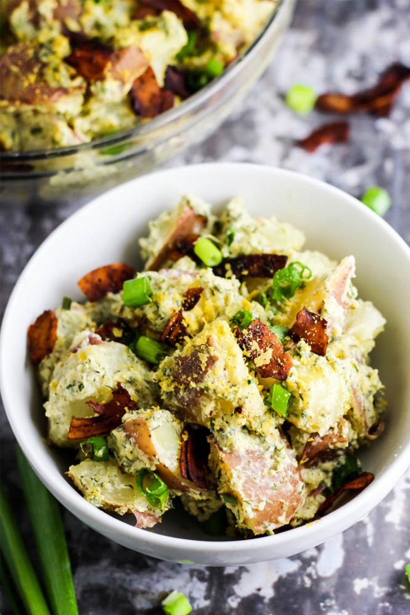 filling potato salad vegan in white bowl