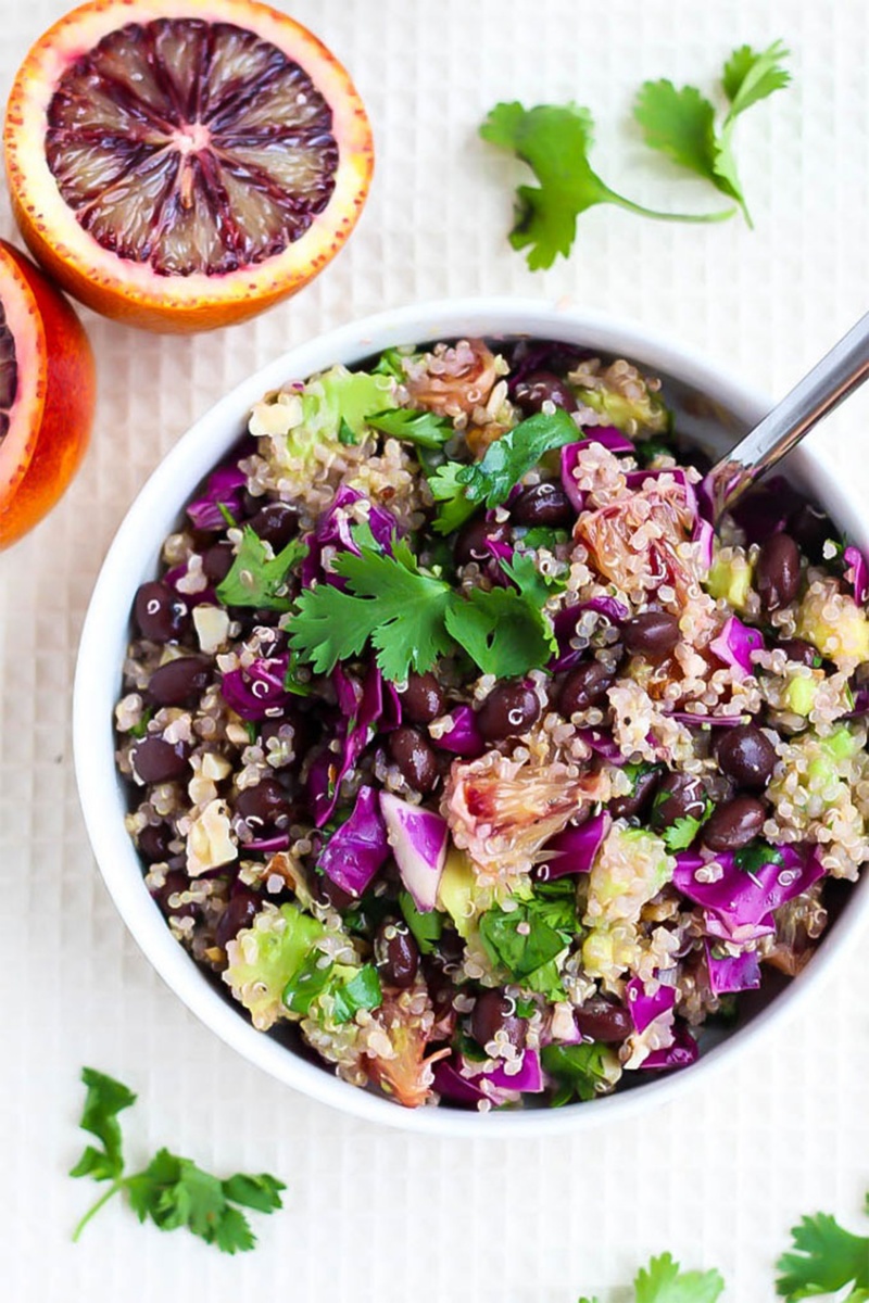 filling salad of quinoa and cabbage on a white board