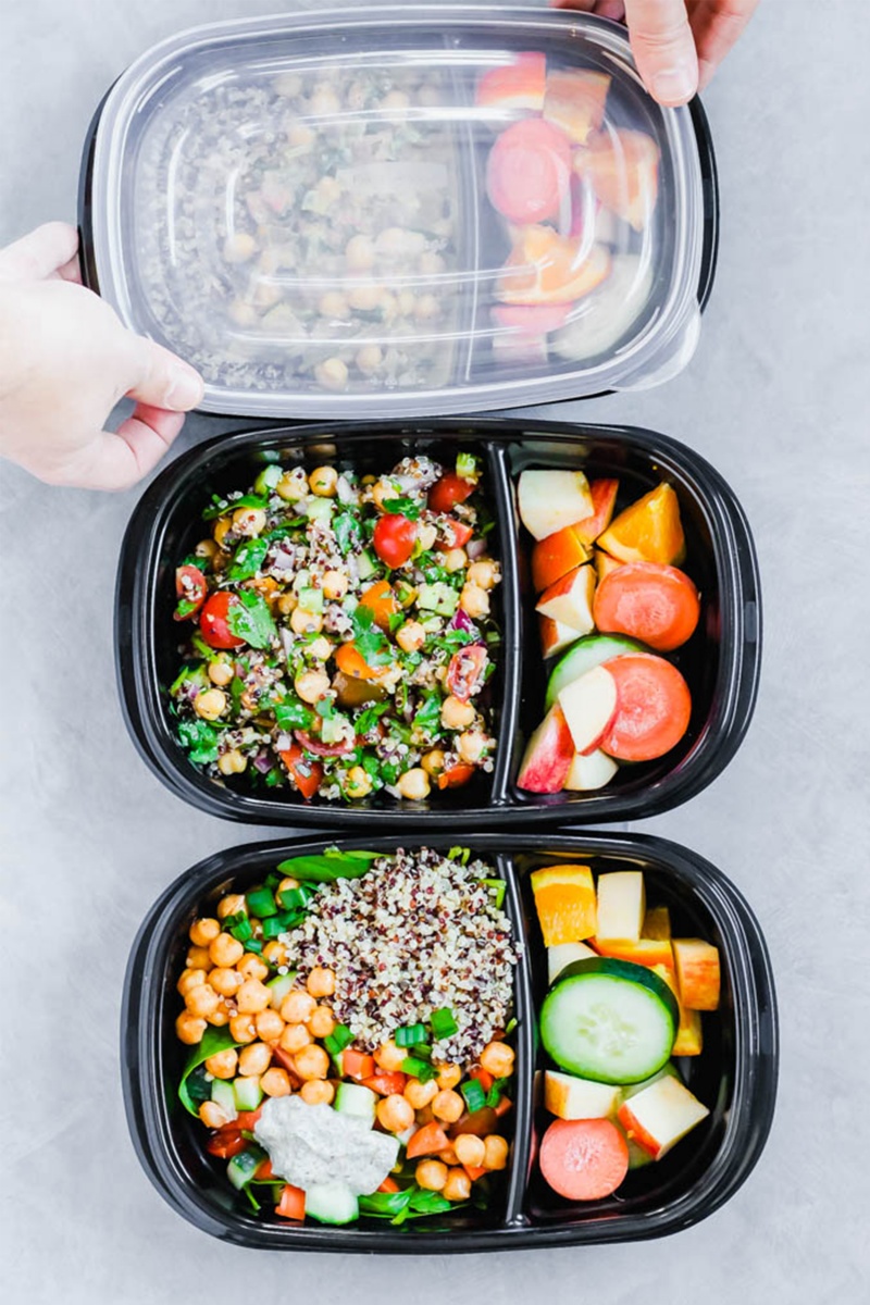 three tupperware containers of vegan meal prep