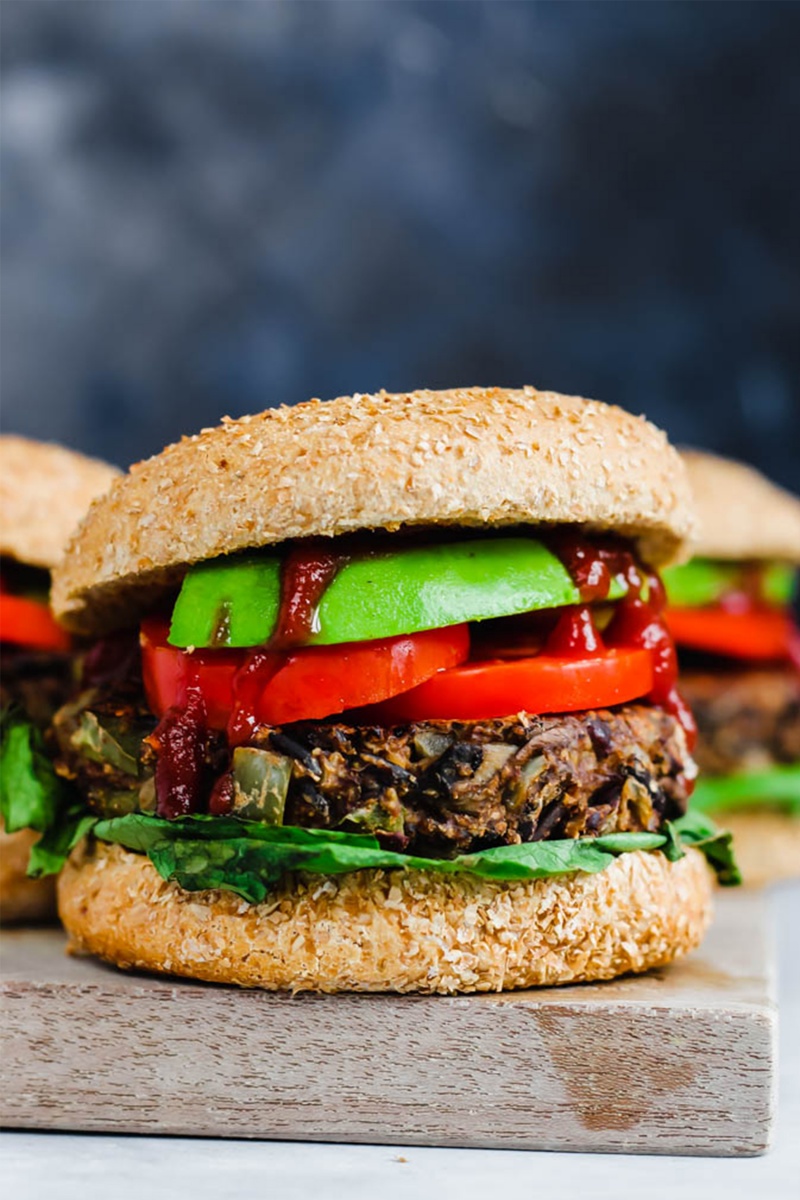 vegan meal prep veggie burger side view in bun