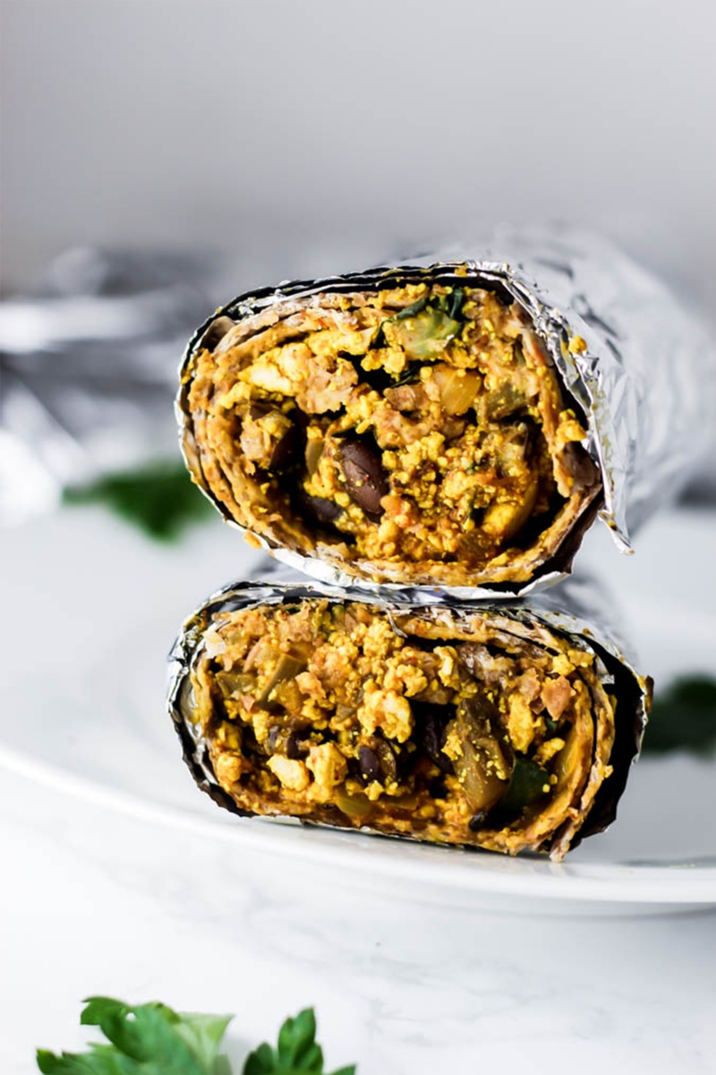 vegan meal prep breakfast burritos wrapped in foil