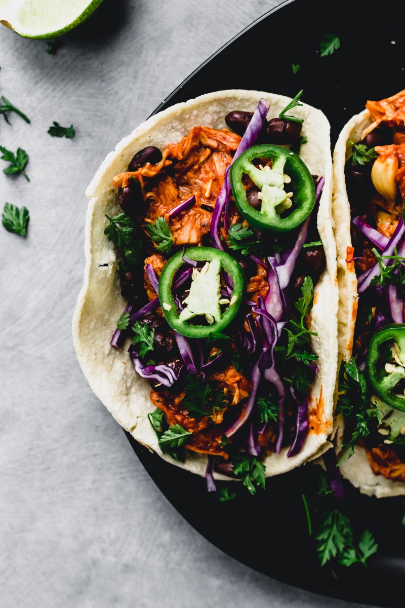 birds eye view of vegan bbq jackfruit taco