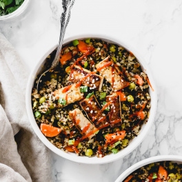 a bowl of tofu and stir fried quinoa