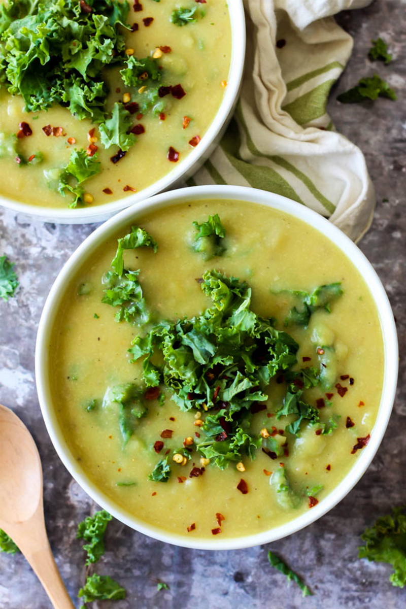 vegan soup with potatoes and kale with red pepper flakes 