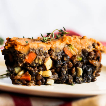 a slice of a mushroom and lentil shepherd's pie