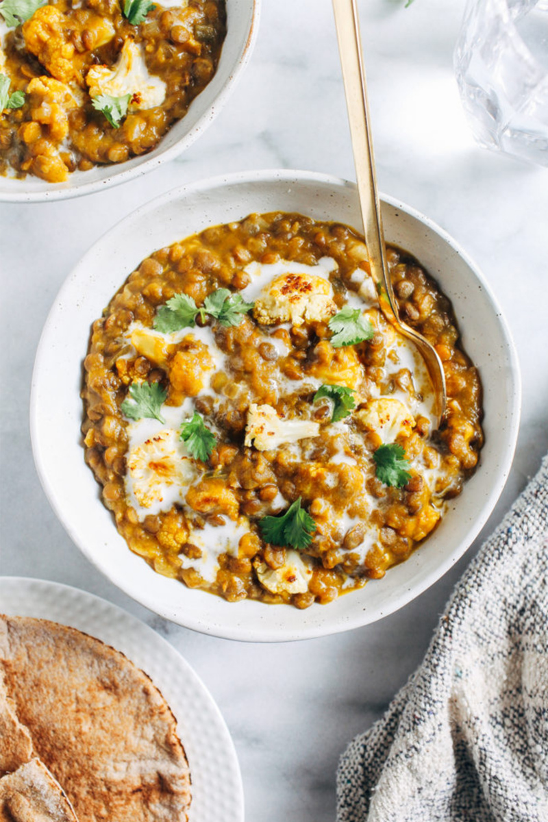 vegan soup with lentils and cauliflower