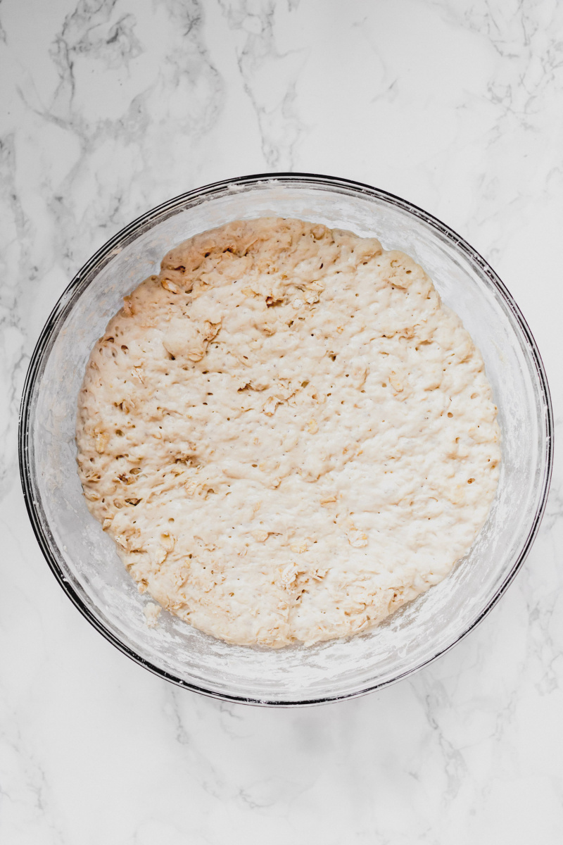 overhead view of large bowl of bubbly raw dough
