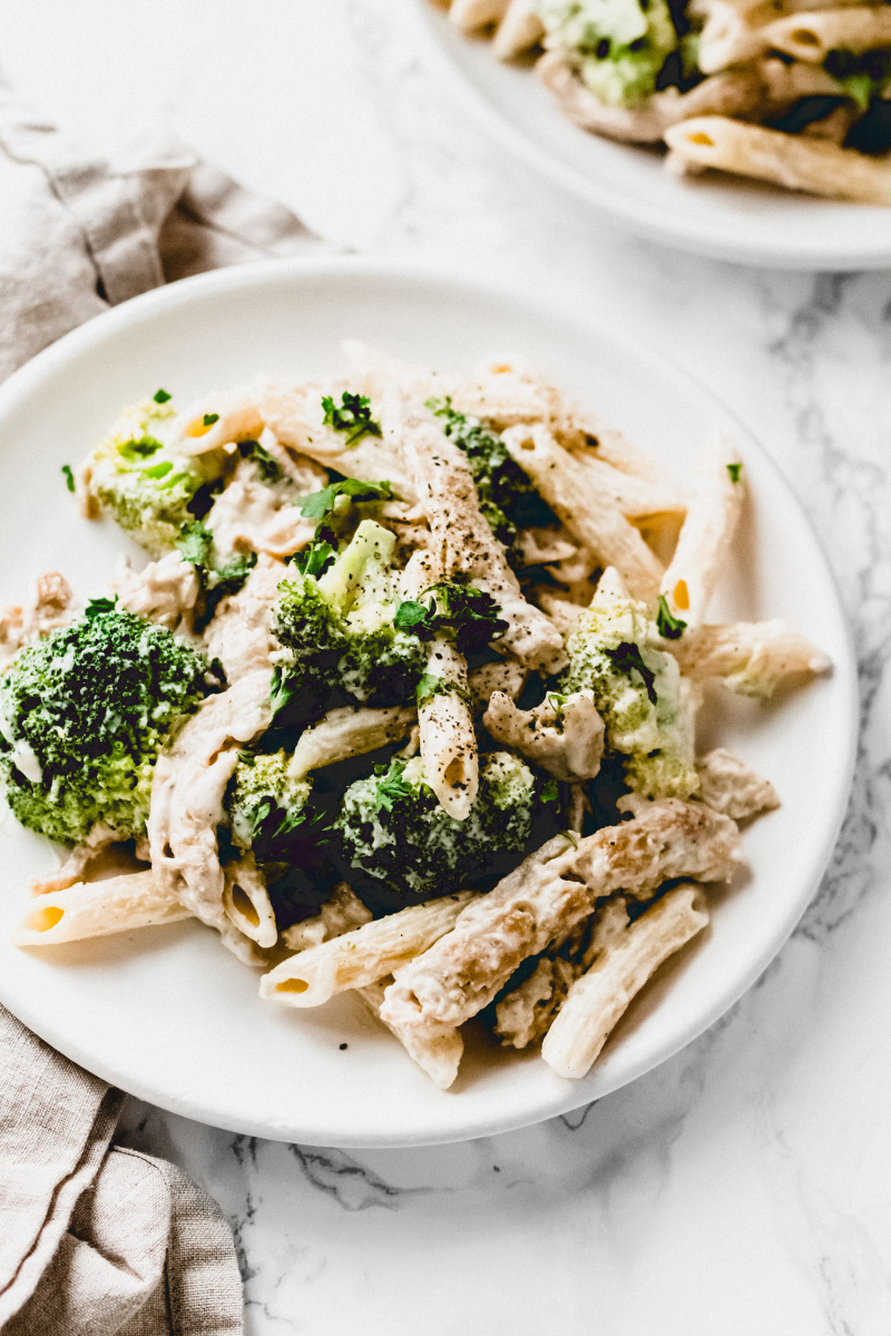 close-up side view of pasta in adlfredo sauce