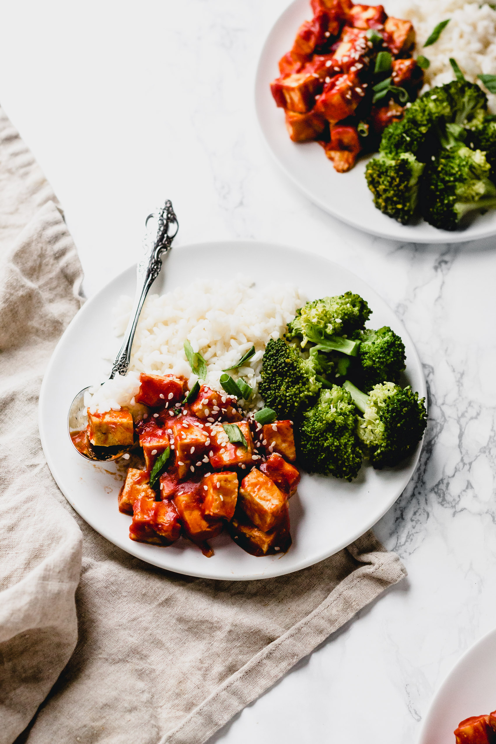 side view of cubed tofu with sesame seeds with broccoli and rice