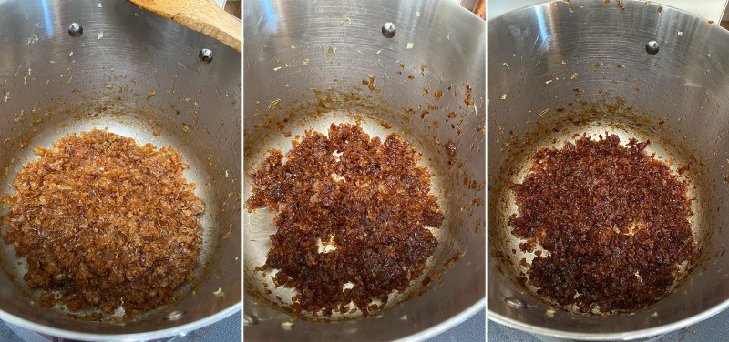 collage of three images showing a pot of onions at different stages of being cooked, light brown to dark brown