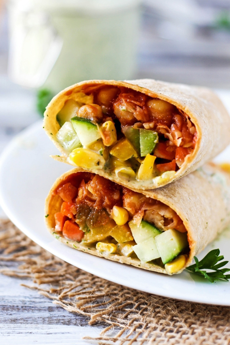 Two halves of a barbecue chickpea wrap stacked on top of one another on a white plate. The wrap contains a barbecue chickpea filling with corn, cucumbers and red bell peppers