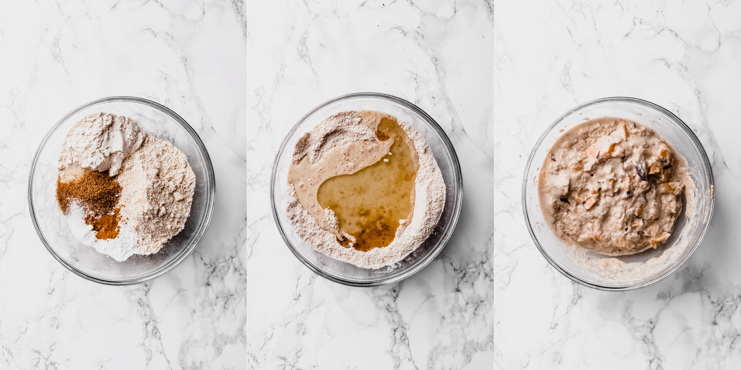 a collage of three images depicting dry mix, wet ingredients, and final batter