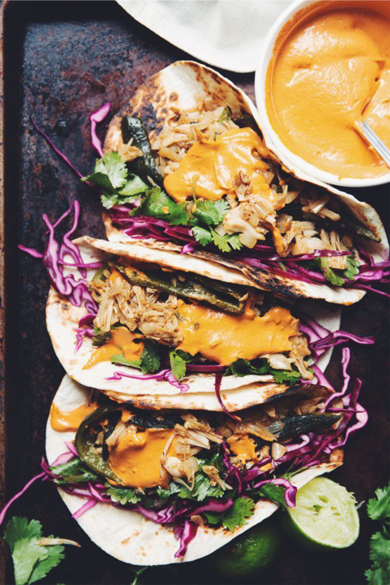 a pan with three jackfruit poblano tacos