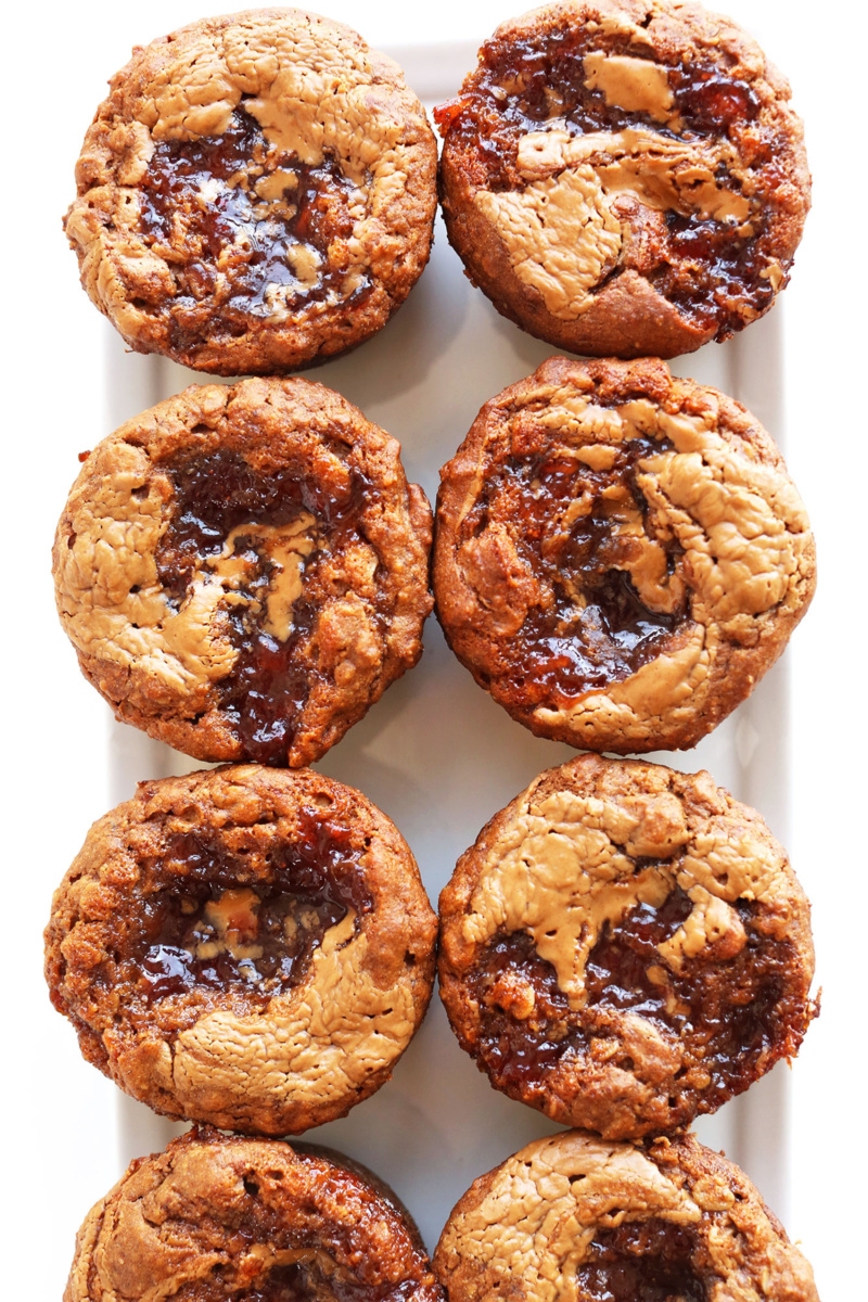 An overhead shot of peanut butter and jelly muffins