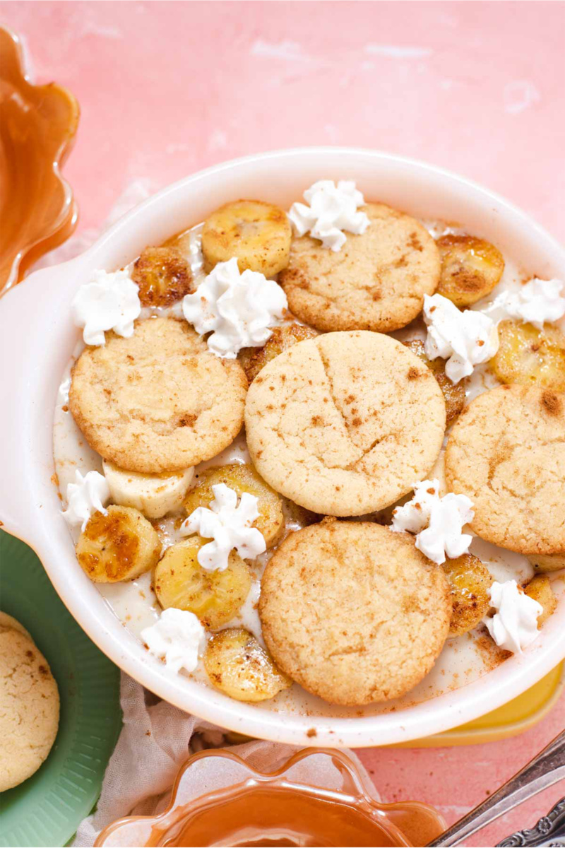 vegan banana pudding topped with homemade vanilla wafers