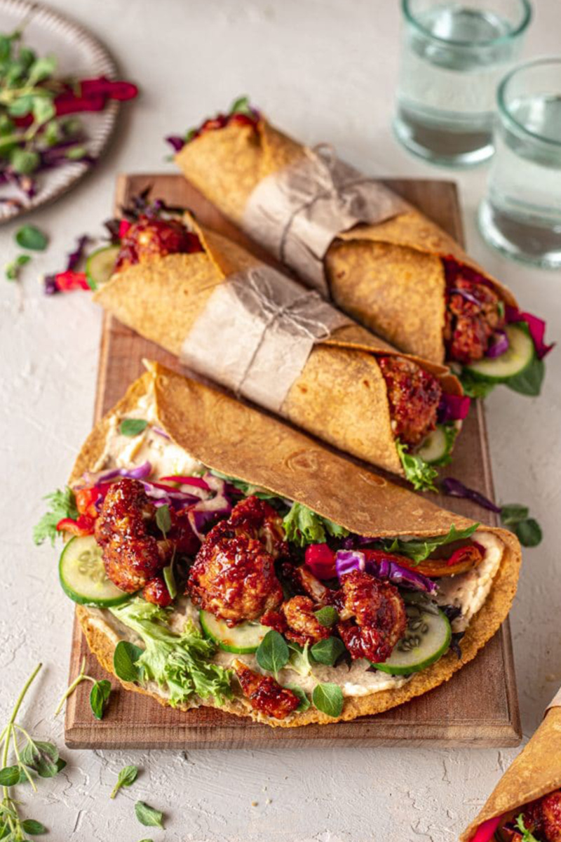 bbq cauliflower veggie wraps