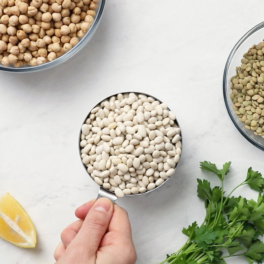 a measuring cup of dried white beans next to a lemon wedge, a sprig of parsley, a bowl of lentils and a bowl of chickpeas