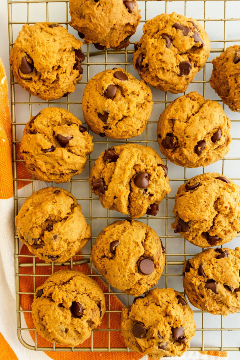 a batch of pumpkin chocolate chip cookies resting on a cooling rack