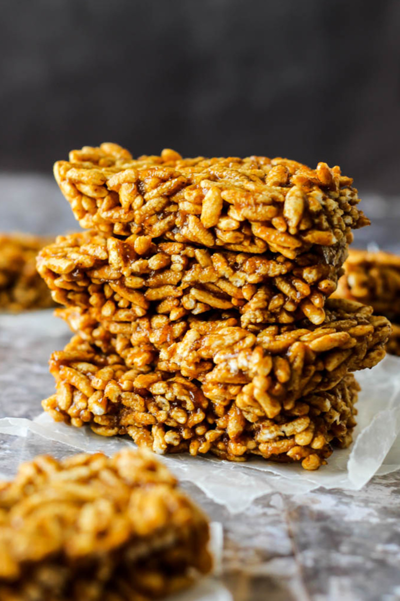 a stack of four pumpkin rice crispy treats