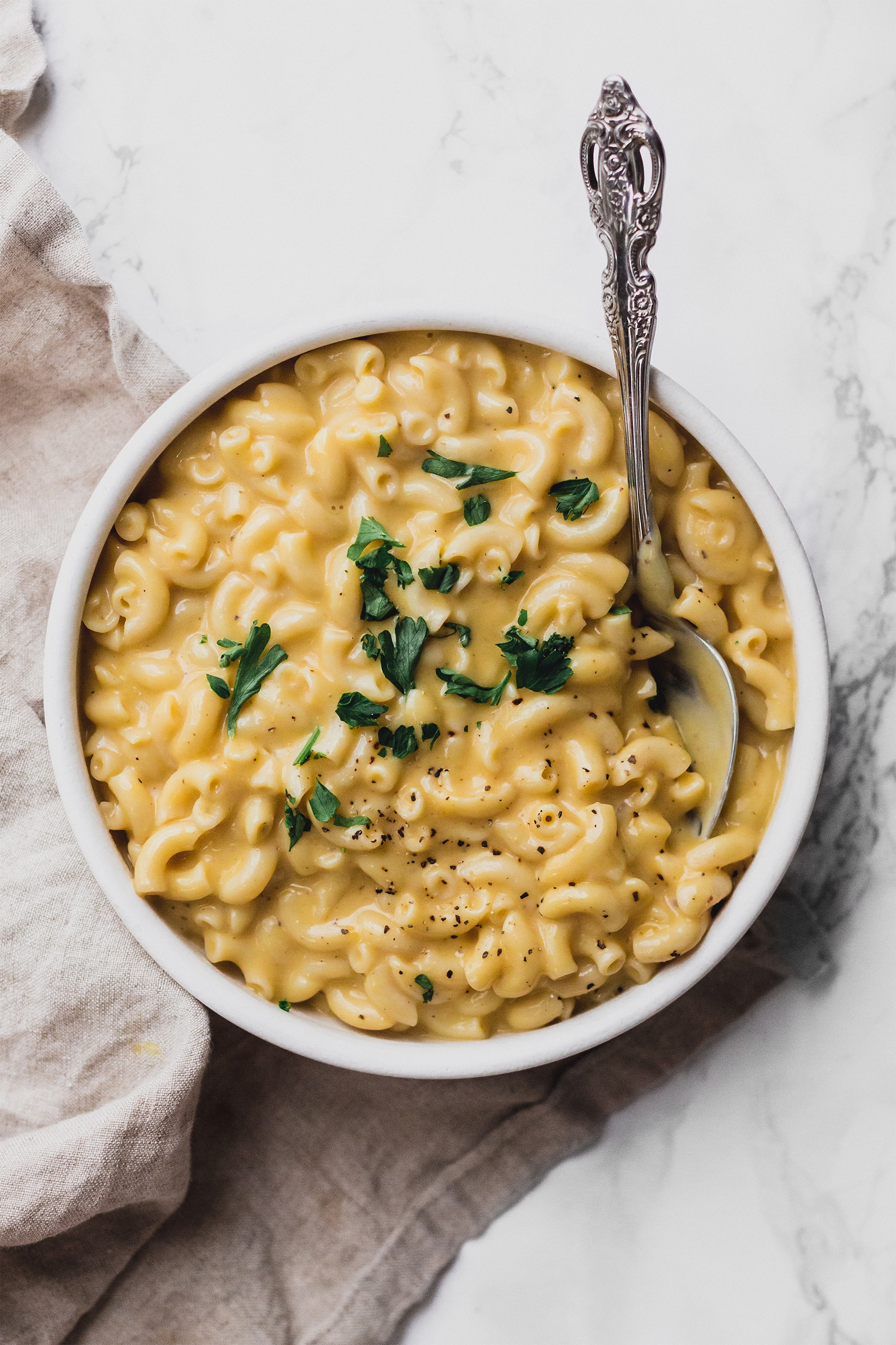 a bowl of vegan macaroni and cheese