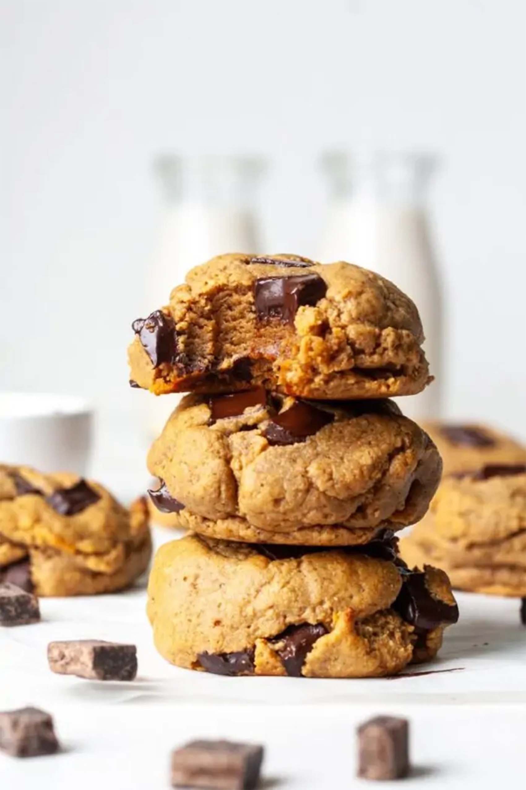 a stack of vegan protein chocolate chip cookies