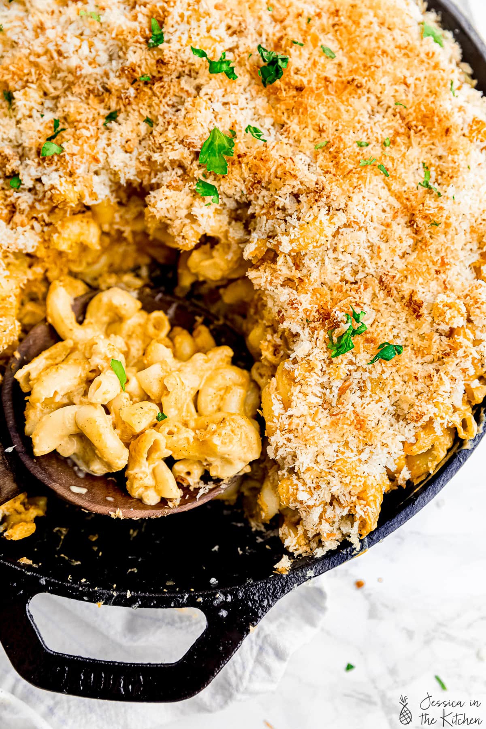 a dish of vegan baked mac and cheese