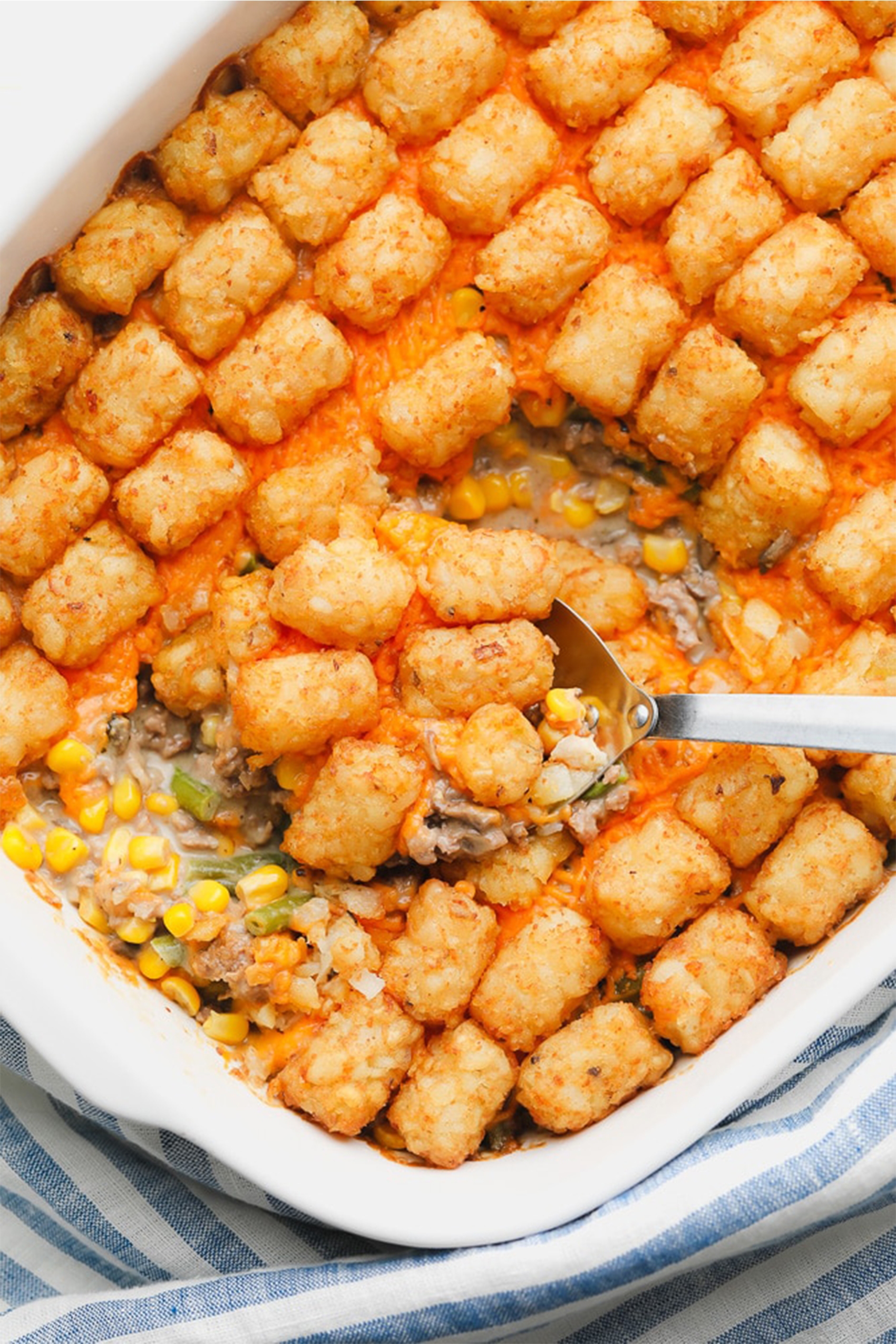 a pan of vegan tater tot casserole