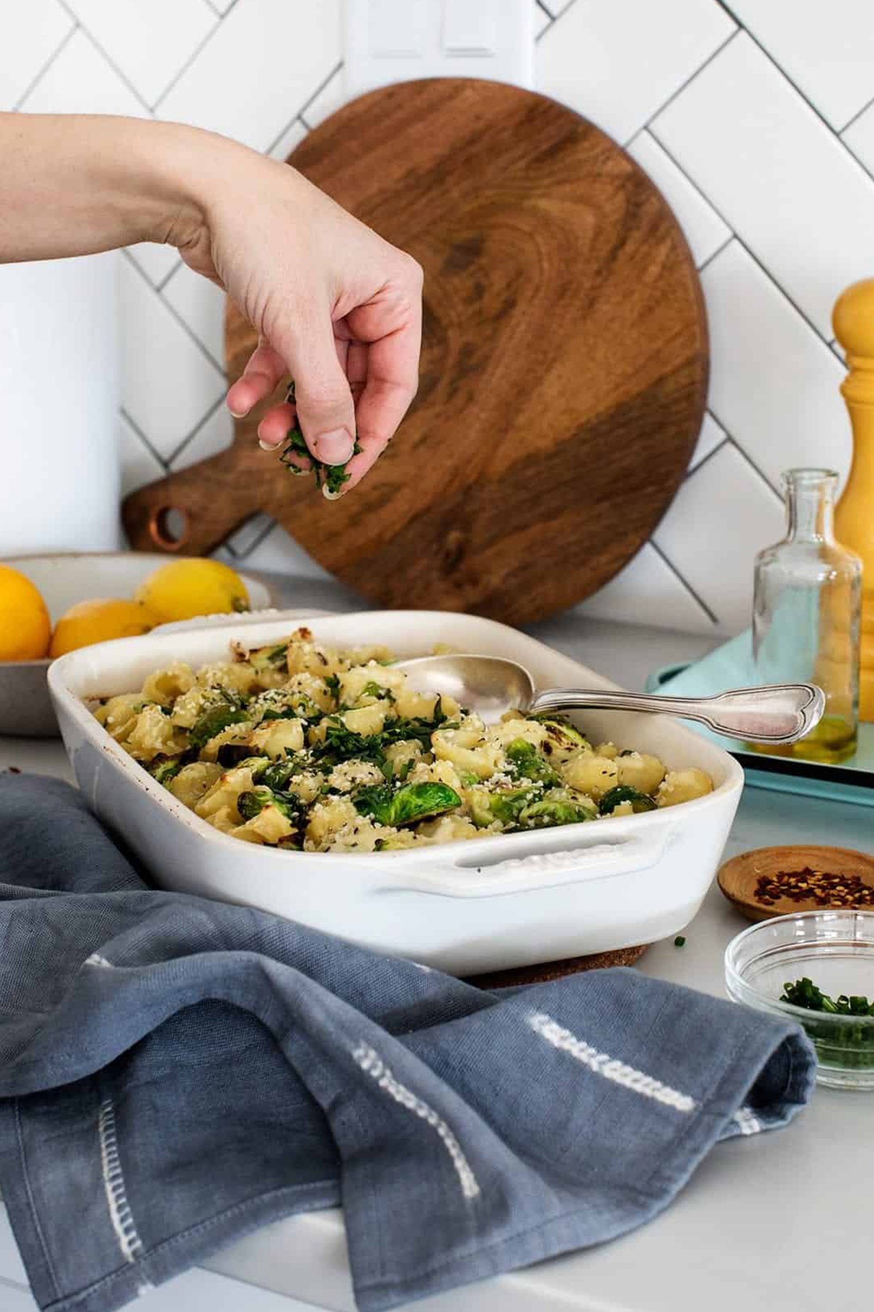 a dish of baked vegan brussels sprouts pasta