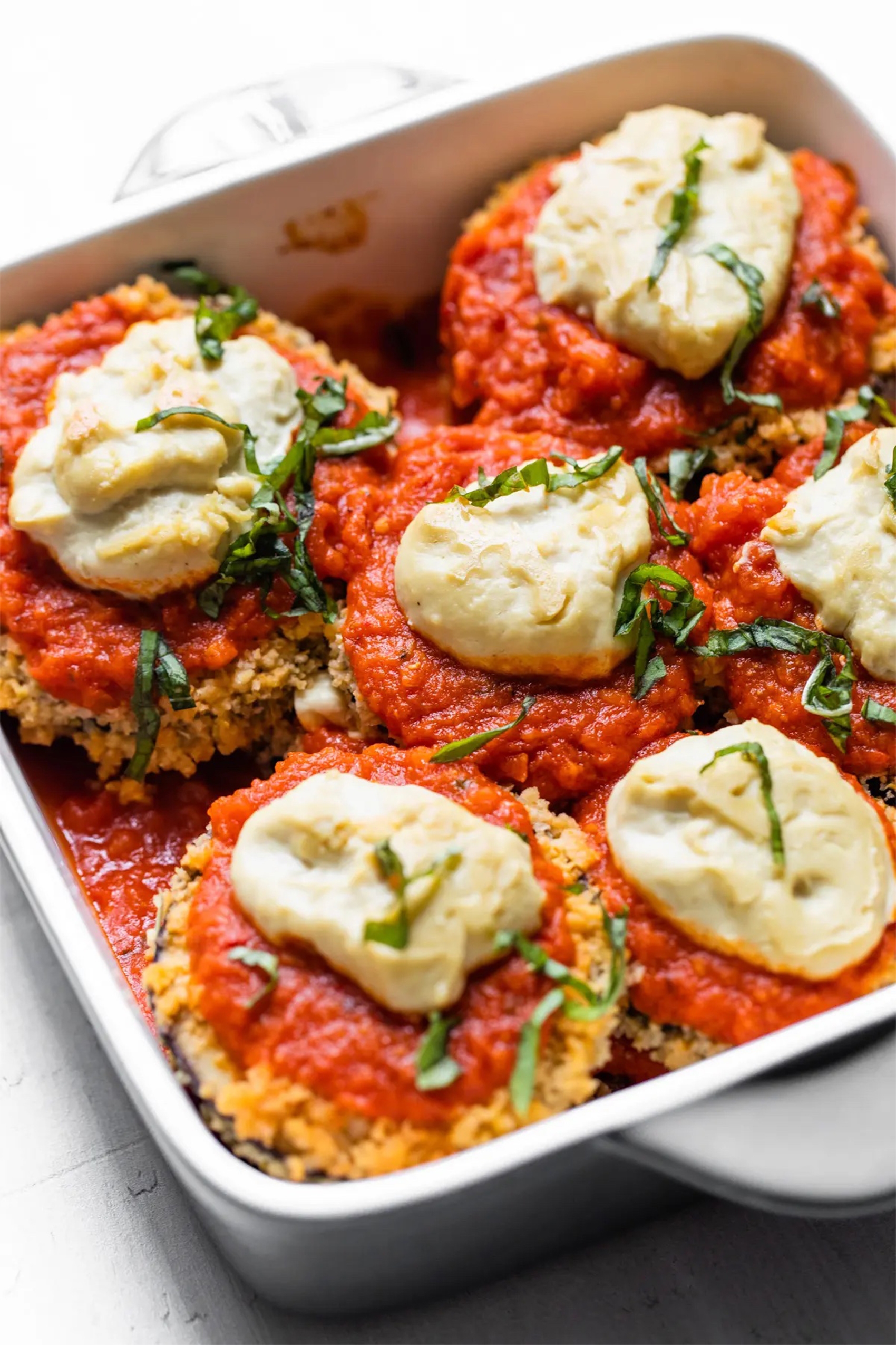 a pan of vegan eggplant parmesan