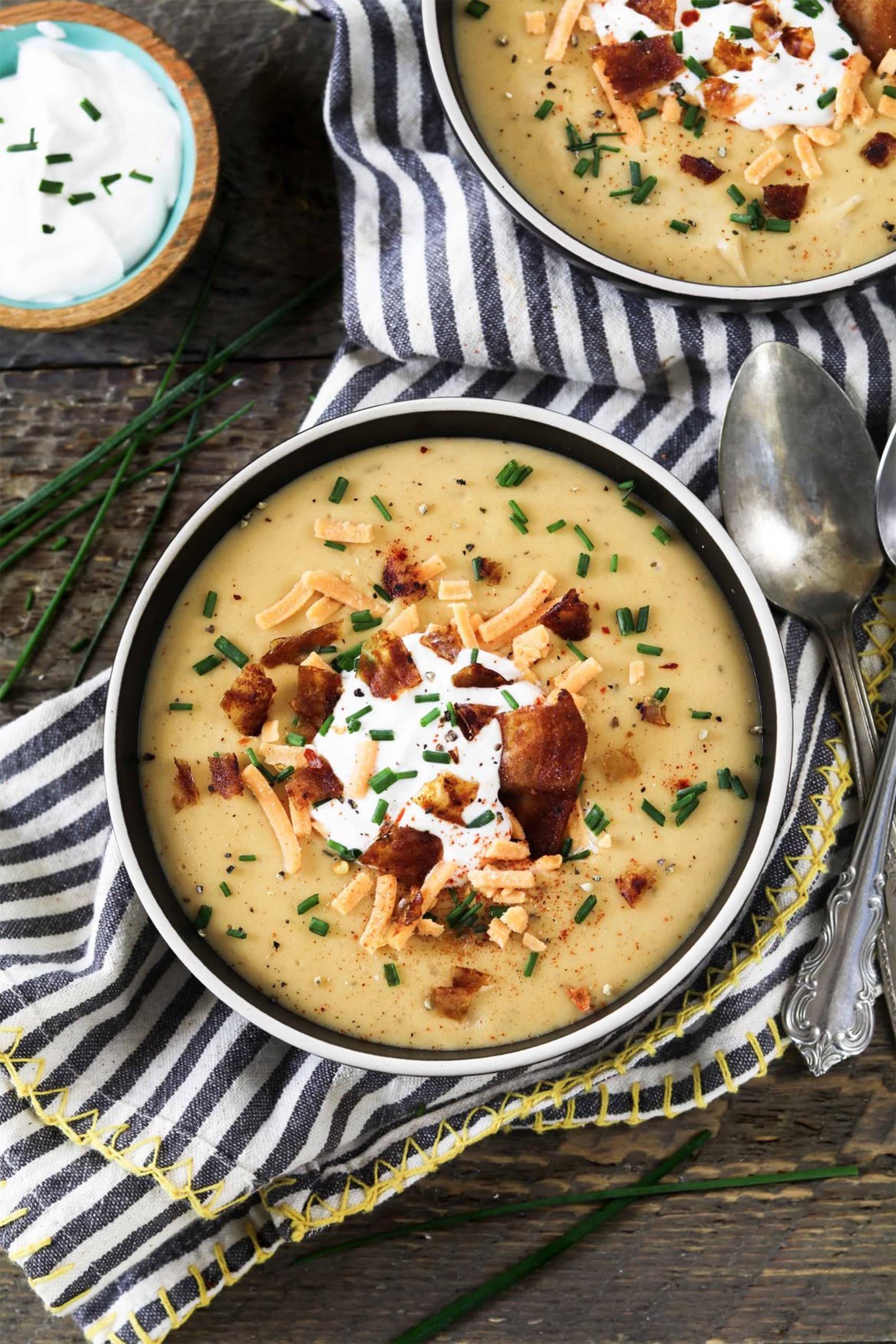 a bowl of vegan loaded potato soup