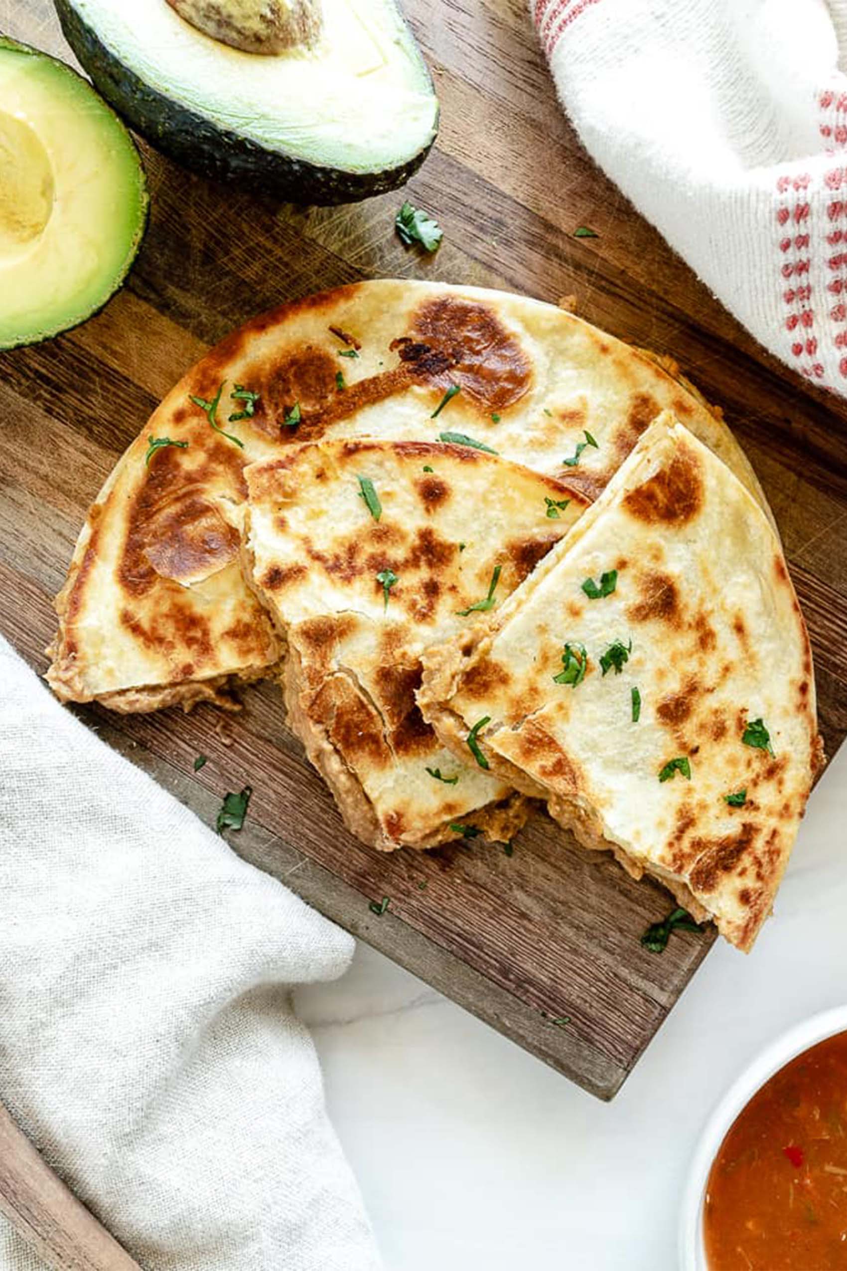 a quartered black bean quesadilla