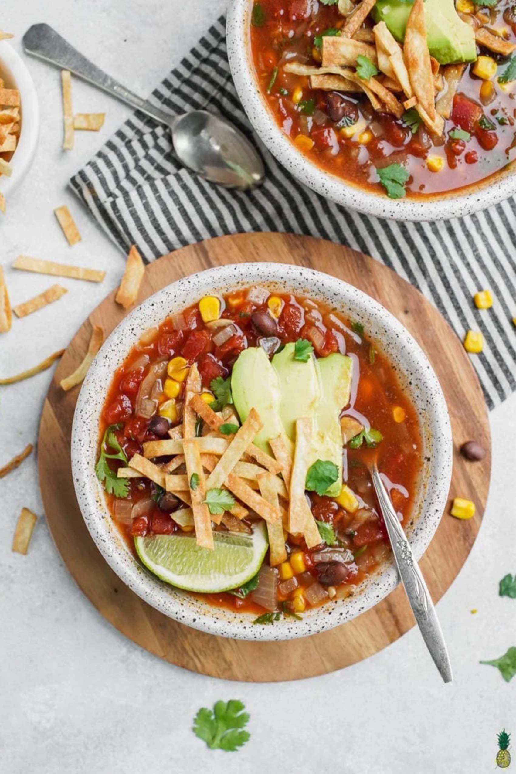 a bowl of vegan tortilla soup