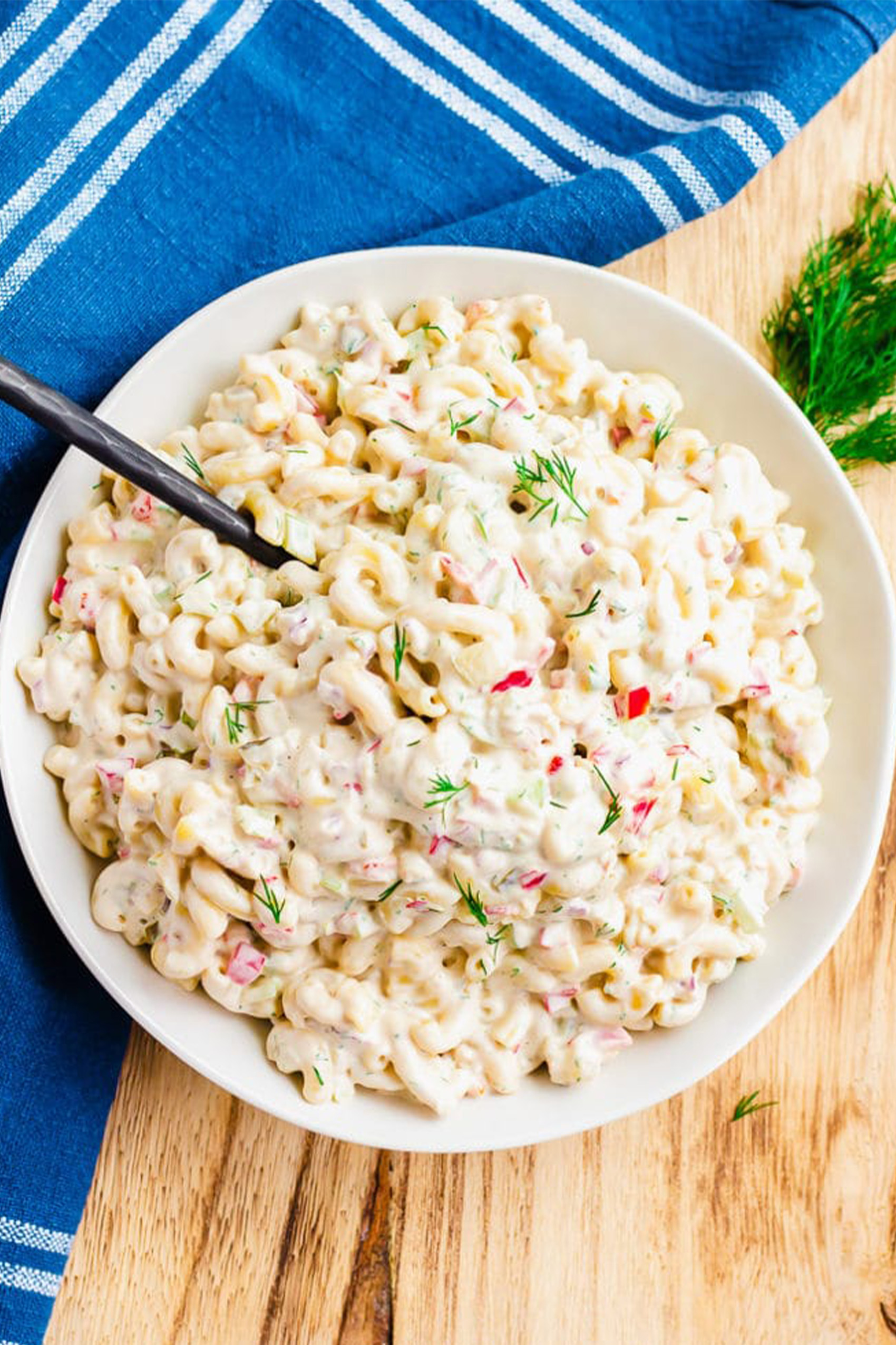 a large bowl of vegan macaroni salad