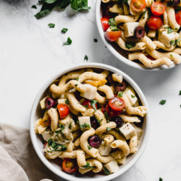 two bowls of vegan pasta salad