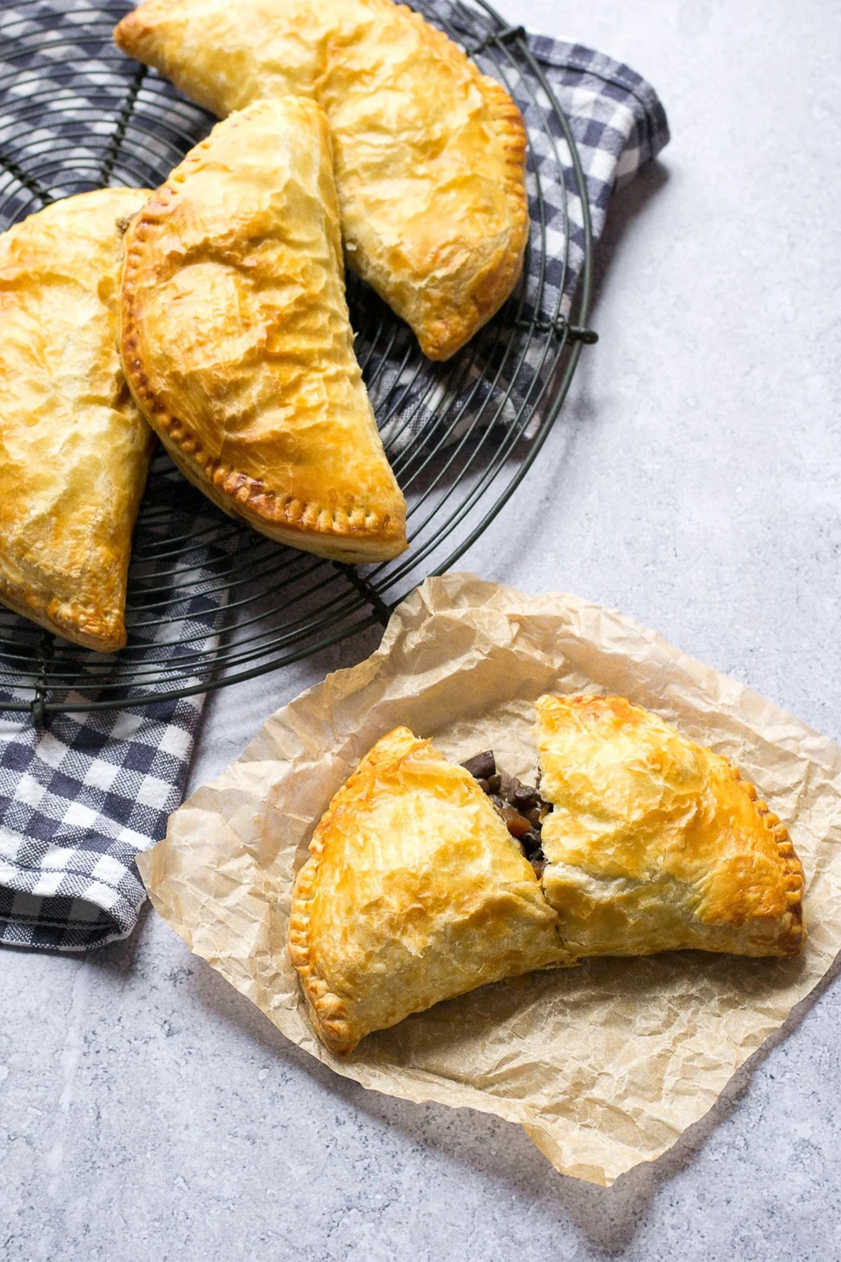 a vegan mushroom pasty sliced in half